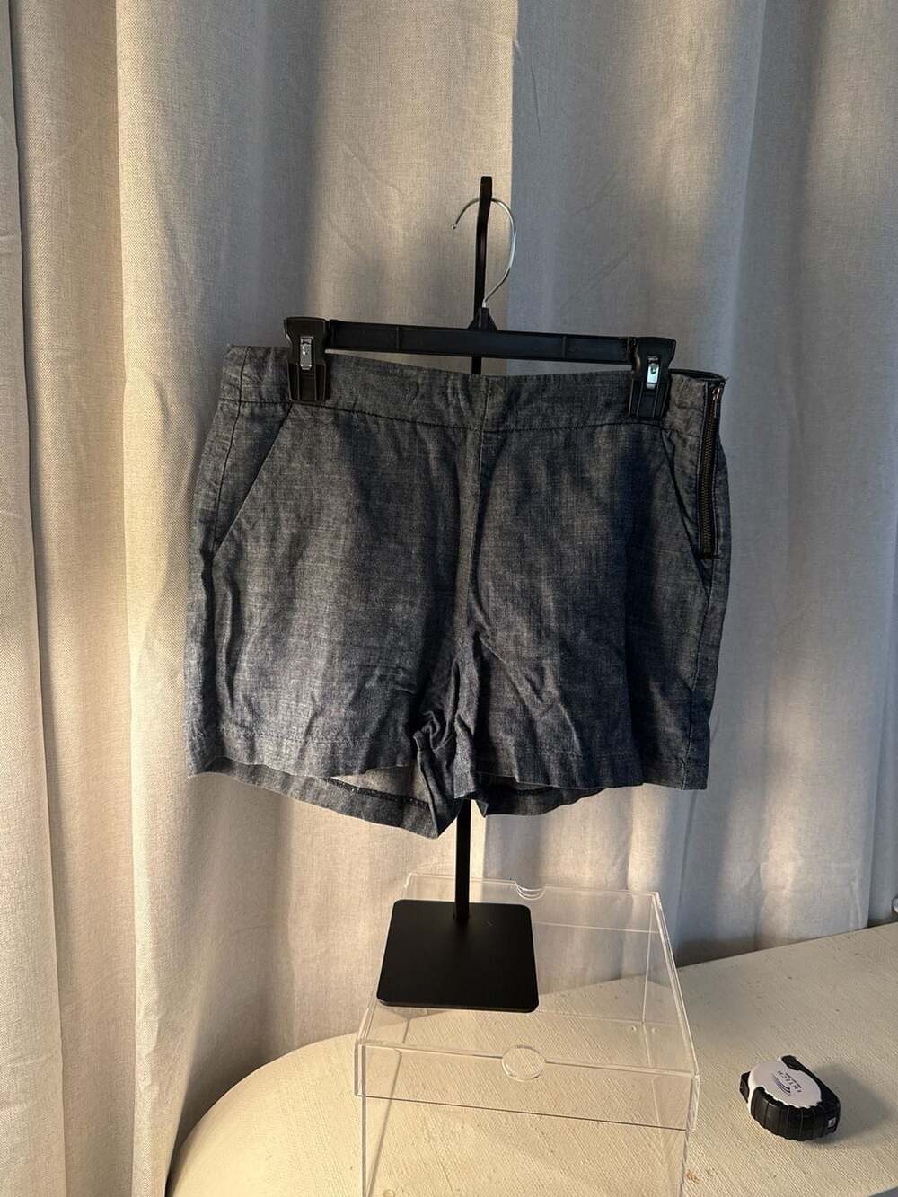 Level 99 Chambray Side-Zip Linen Blend Shorts Blue Size 28